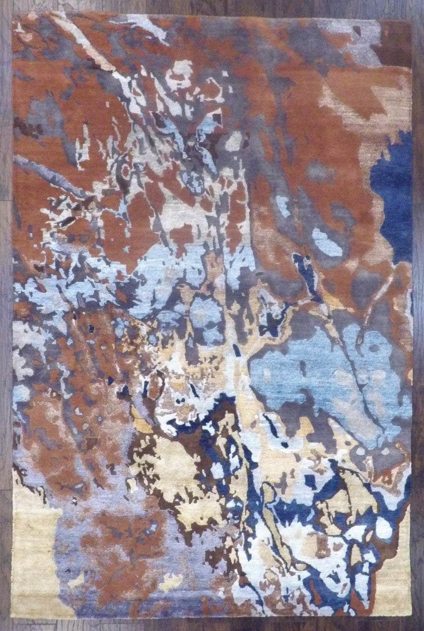 Modern Tibetan abstract high-low hand-knotted wool rug in brown and multi-color, full view