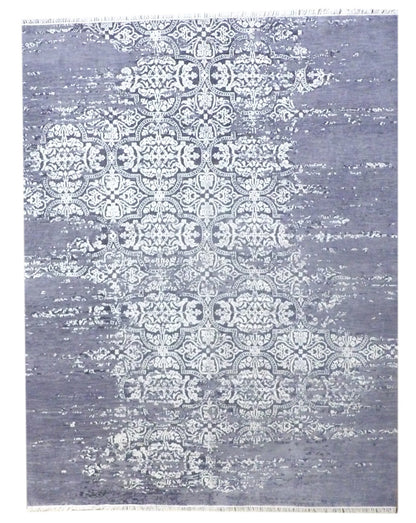 Modern Oxidized Broken Mosaic Design Carved hand-knotted wool-silk rug in Black & Gray, full view