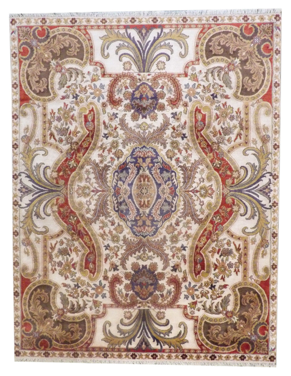 Fine Silky Abusson hand-knotted silk rug in Beige & Red, full view
