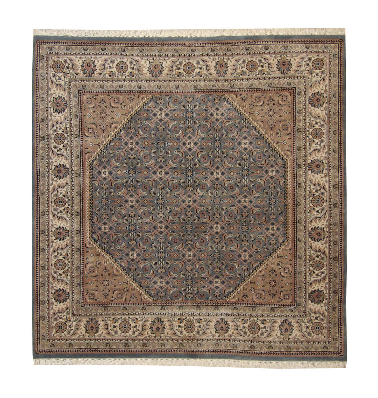 Traditional Indo Mir hand-knotted wool rug in Blue & Beige, full view