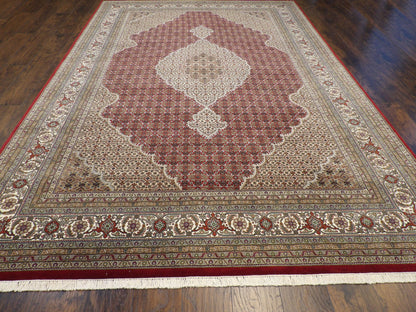 Close-up of wool-silk pile, Beige & Red rug