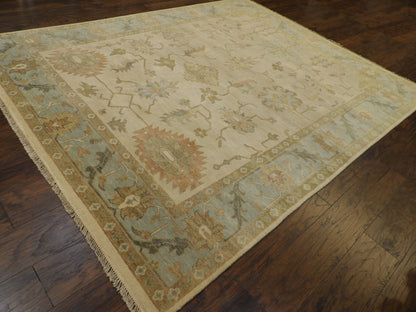 Oushak silver wash pattern detail, beige and blue rug