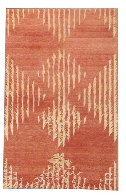Modern high-low shag hand-knotted wool rug in gold and rust, full view, 5x8