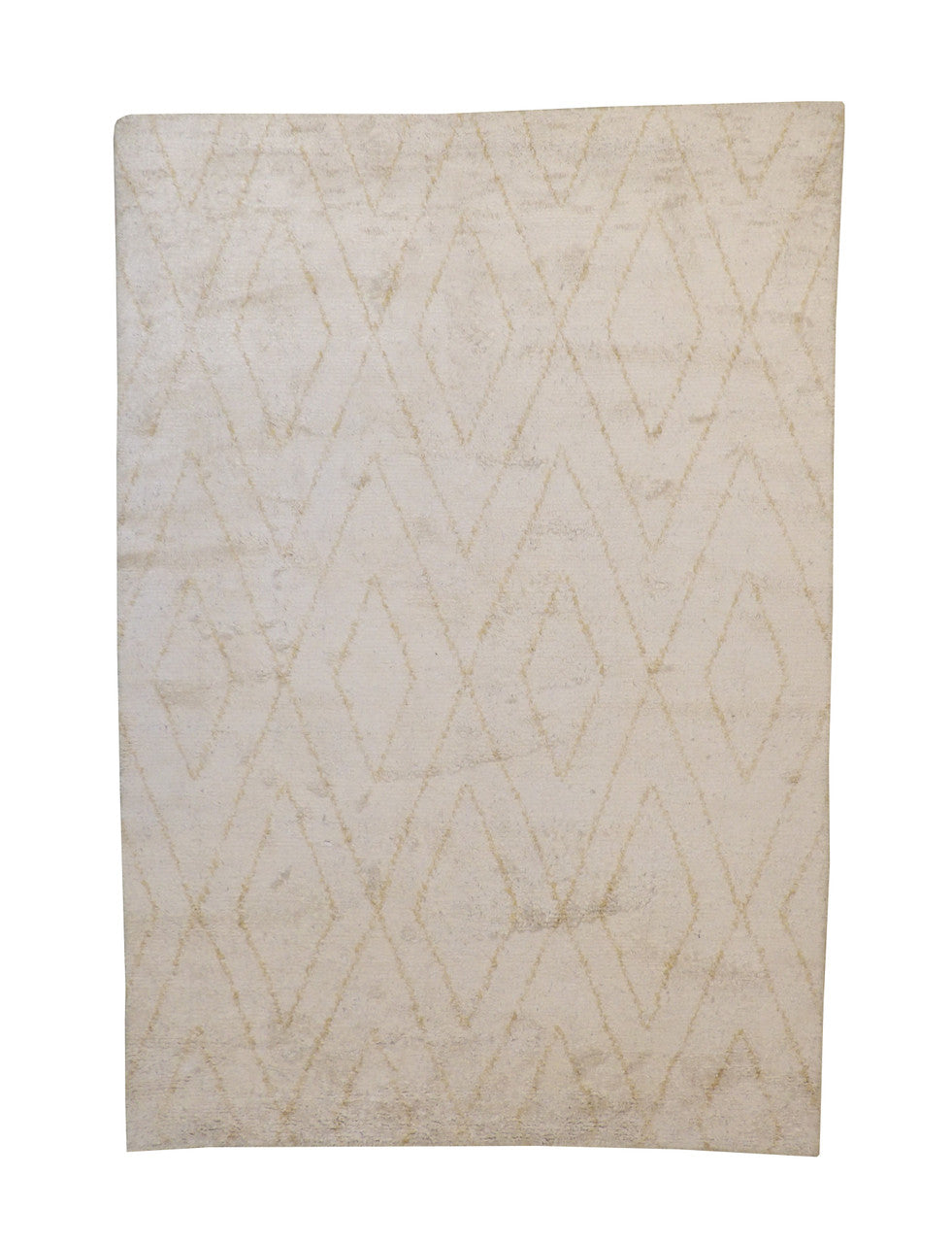 Tribal Moroccan Diamond Pattern hand-knotted silk rug in Gold & Beige, full view