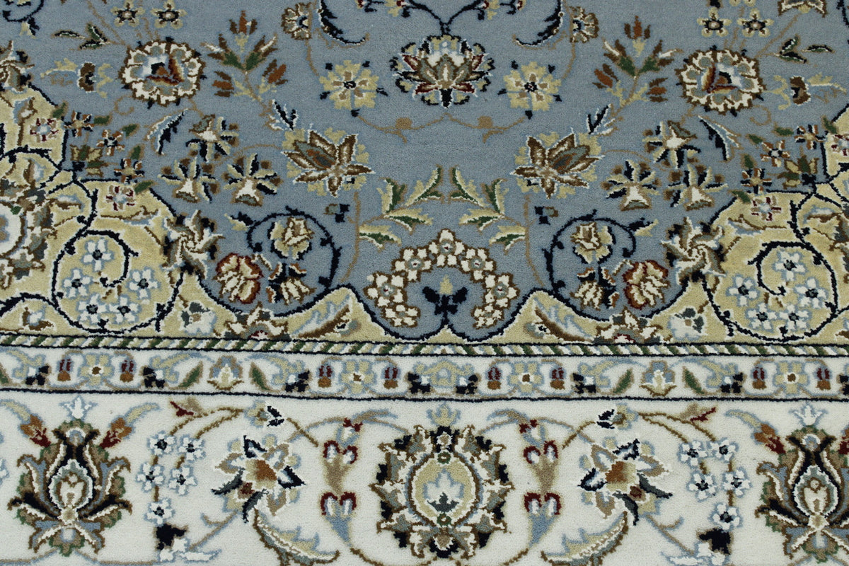 Close-up of wool-silk pile, Blue & Beige rug