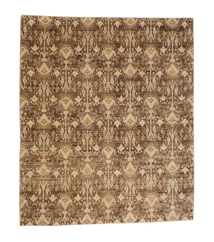Tribal Vegetable Dye Ikat hand-knotted wool rug in Brown & Gold, full view