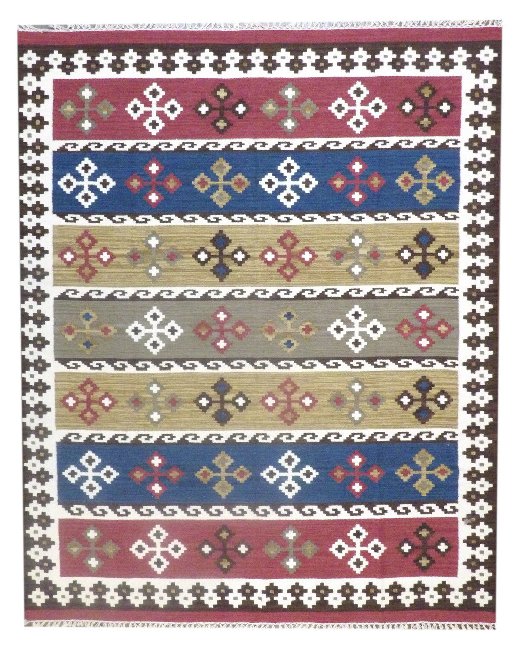 Coastal flat weave hand-knotted wool rug in multi-color, full view