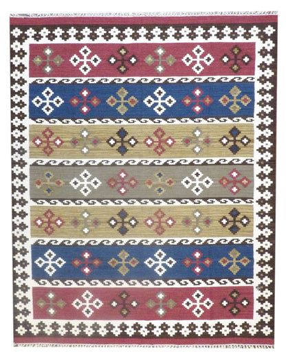 Coastal flat weave hand-knotted wool rug in multi-color, full view