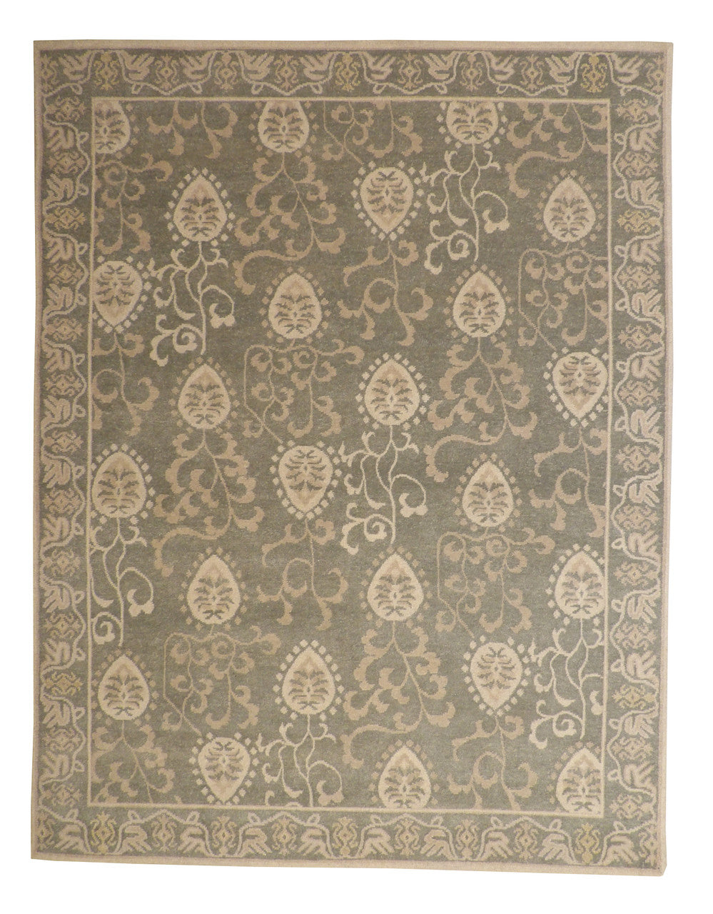 Tribal Ikat hand-knotted wool rug in Green & Gray, full view