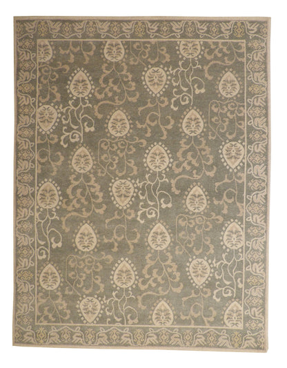 Tribal Ikat hand-knotted wool rug in Green & Gray, full view