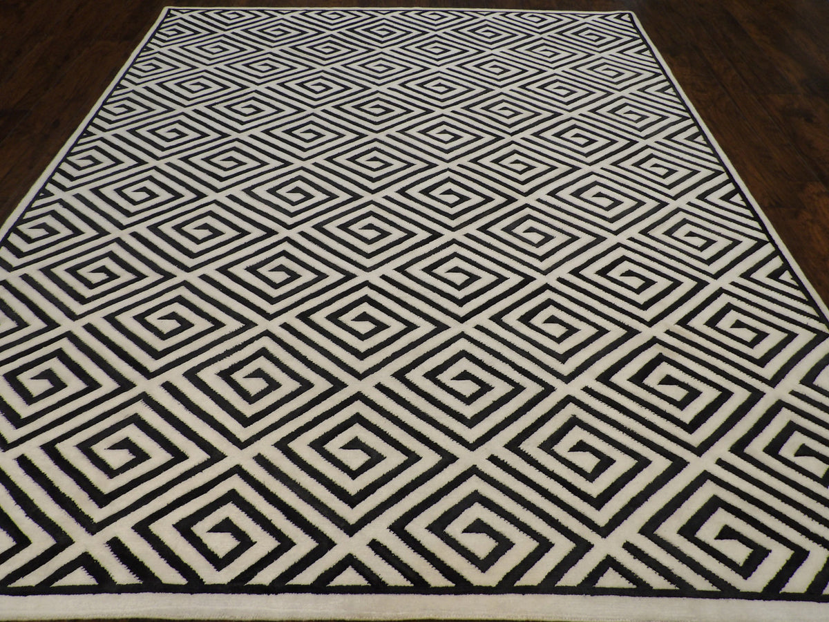 Close-up of wool-silk pile, black and white rug