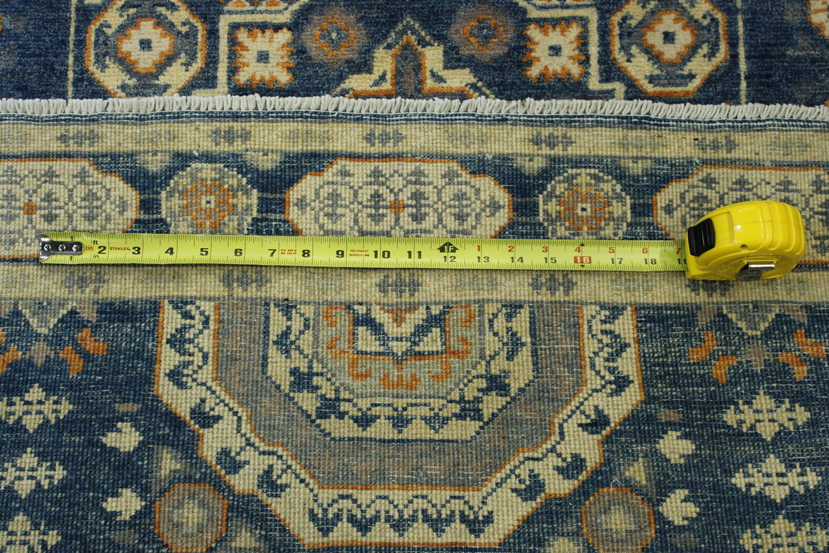 Tribal Super Kazak hand-knotted wool rug in Blue & Beige, full view