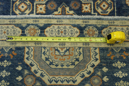 Tribal Super Kazak hand-knotted wool rug in Blue & Beige, full view