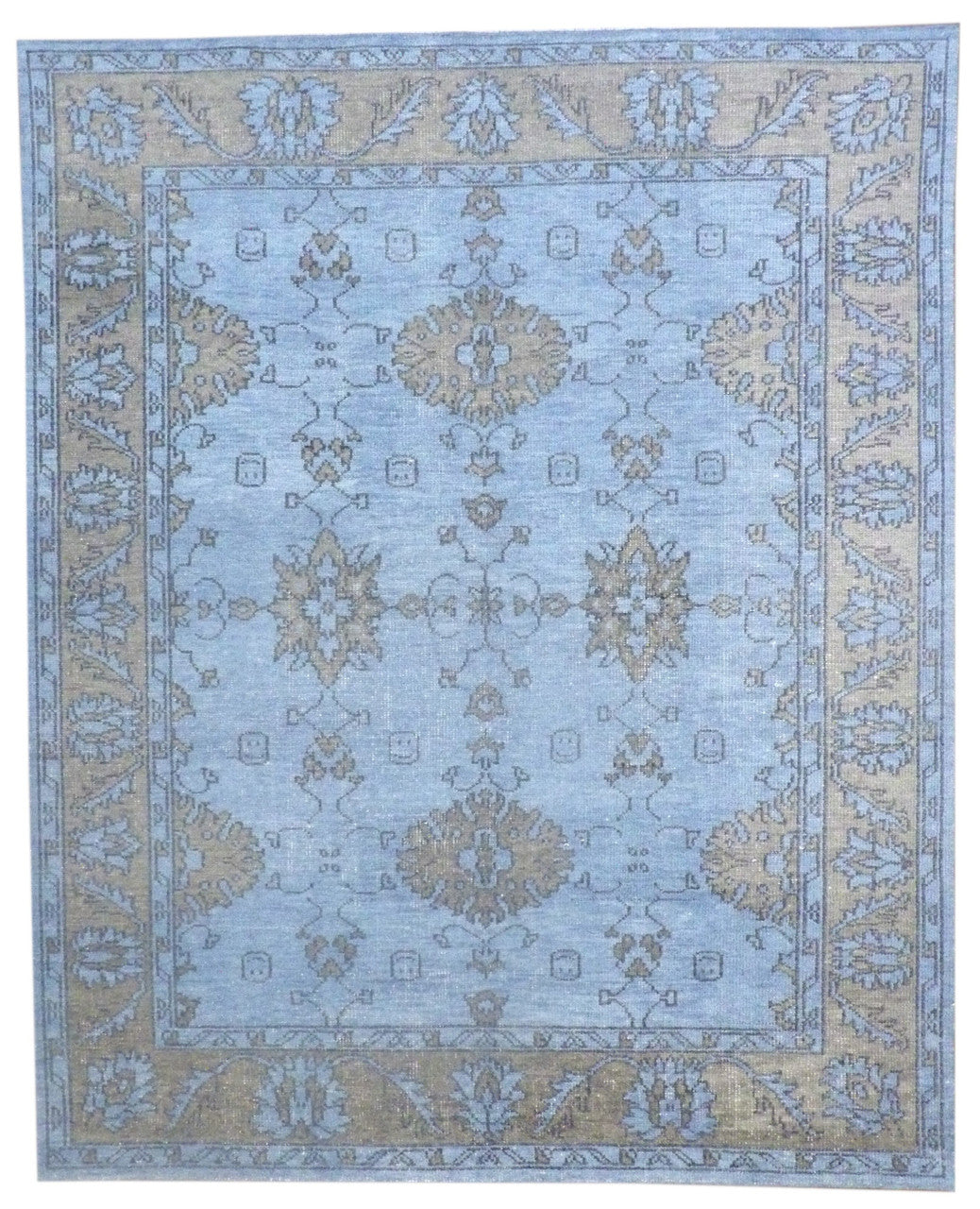 Tribal Oushak overdye Ziegler hand-knotted wool rug in black and blue, full view