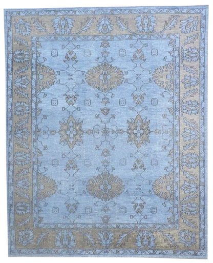 Tribal Oushak overdye Ziegler hand-knotted wool rug in black and blue, full view