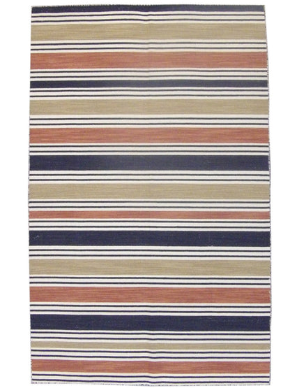 Coastal flat-weave hand-knotted wool rug in black and brown, full view