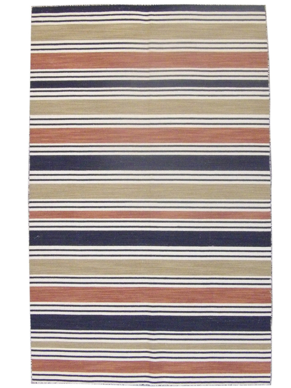 Coastal flat-weave hand-knotted wool rug in black and brown, full view