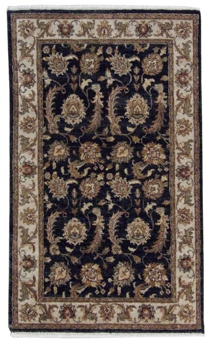 Kashan Ziegler high-twist hand-knotted wool rug in black and beige, full view