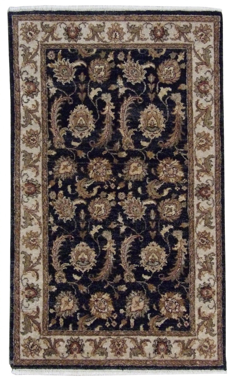 Kashan Ziegler high-twist hand-knotted wool rug in black and beige, full view