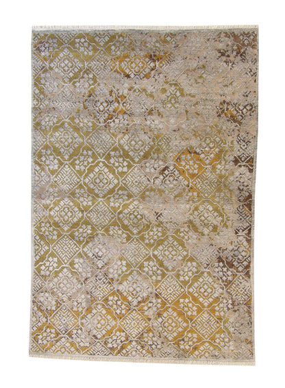 Modern Ikat Design hand-knotted wool-silk rug in Gold & Gray, full view