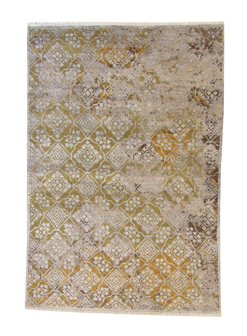 Modern Ikat Design hand-knotted wool-silk rug in Gold & Gray, full view