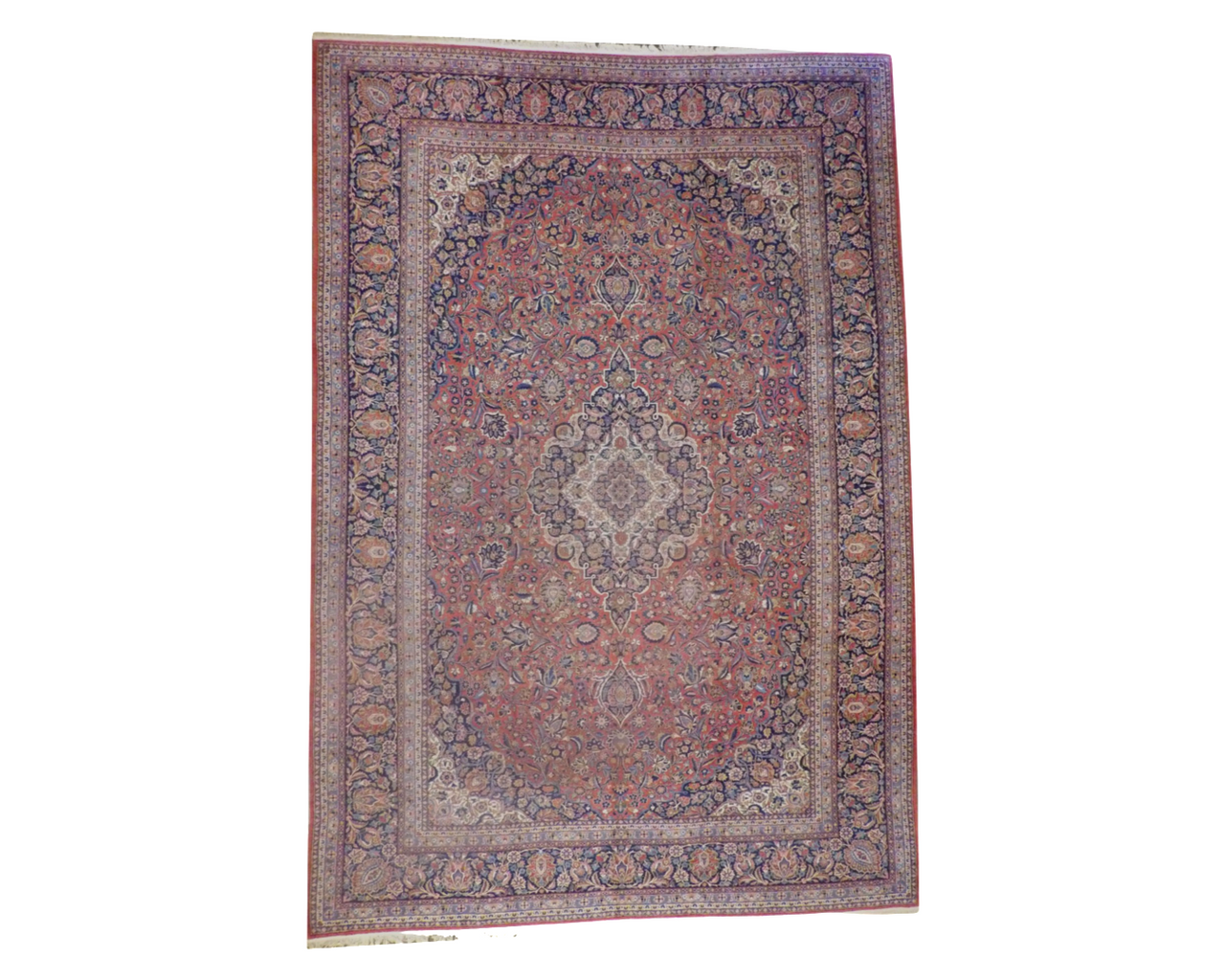 Fine antique Persian Tabriz hand-knotted wool rug in blue and red, palatial size, full view
