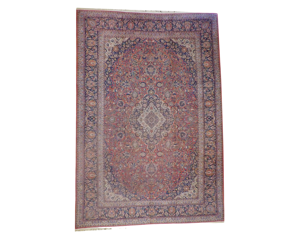 Fine antique Persian Tabriz hand-knotted wool rug in blue and red, palatial size, full view