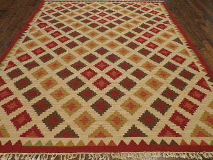Coastal Flat-Weave Indoor/Outdoor Hand-Knotted Wool Rug in Gold & Rust — 8'0" x 10'0" | SKU w1095