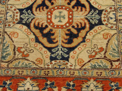 Super Kazak runner edge and fringe detail, blue and rust