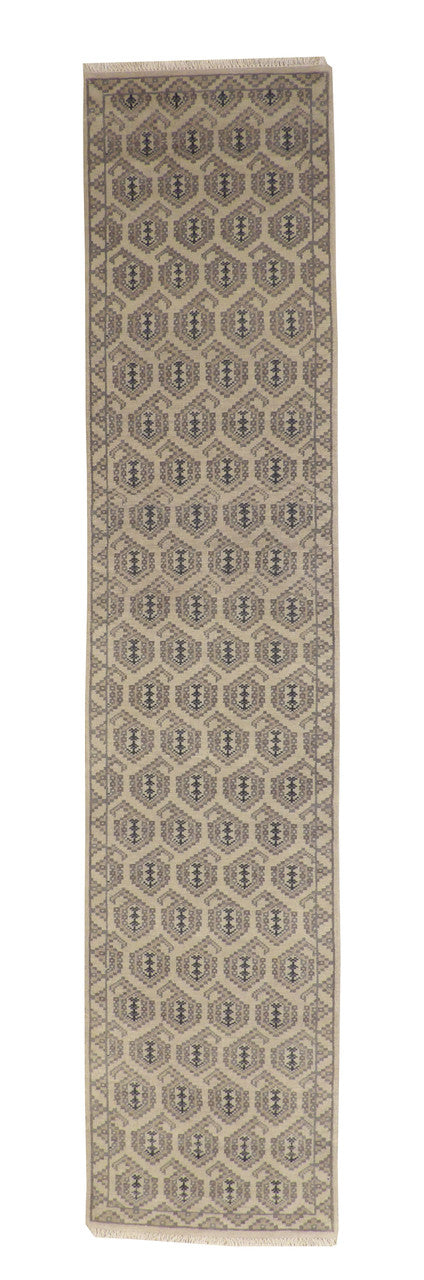 Oushak Kerman Design hand-knotted wool rug in Beige, full view