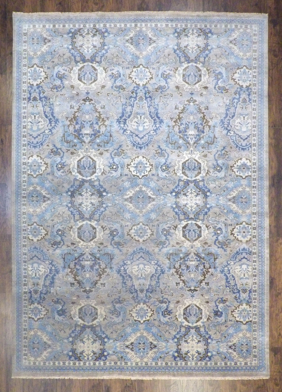 Fine Ikat wash natural dye hand-knotted wool rug in gray and blue, oversized full view