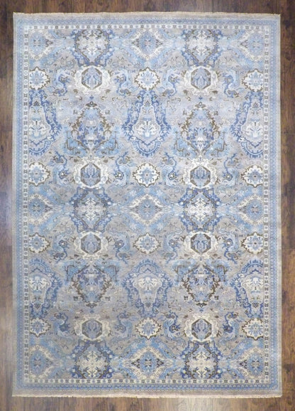 Fine Ikat wash natural dye hand-knotted wool rug in gray and blue, oversized full view