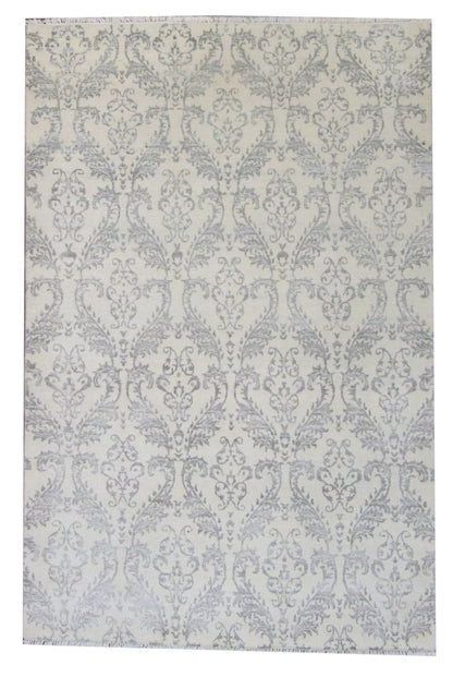 Transitional Damask Floral Design hand-knotted wool-silk rug in Gray & Ivory, full view