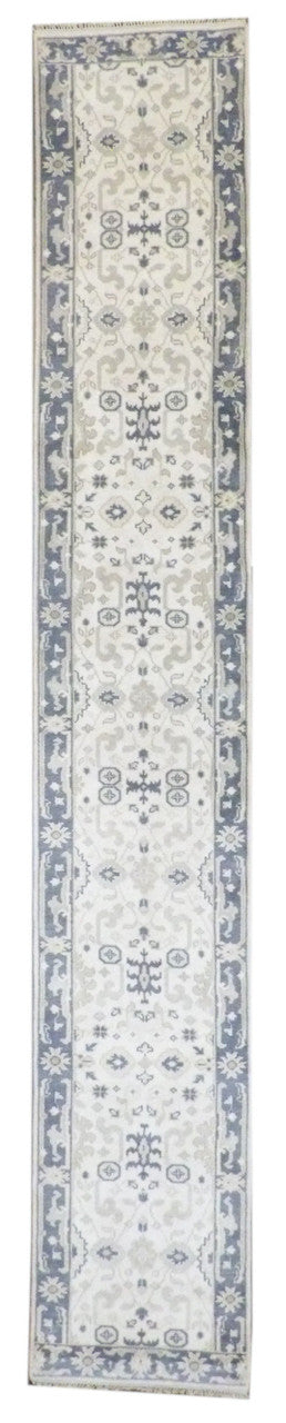 Turkish Oushak hand-knotted wool runner in gray and ivory, extra long, full view