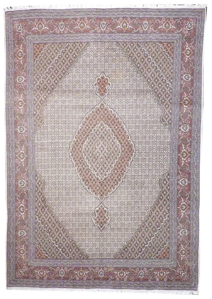 Fine Persian Fish Mahi Tabriz hand-knotted wool-silk rug in Brown & Ivory, full view