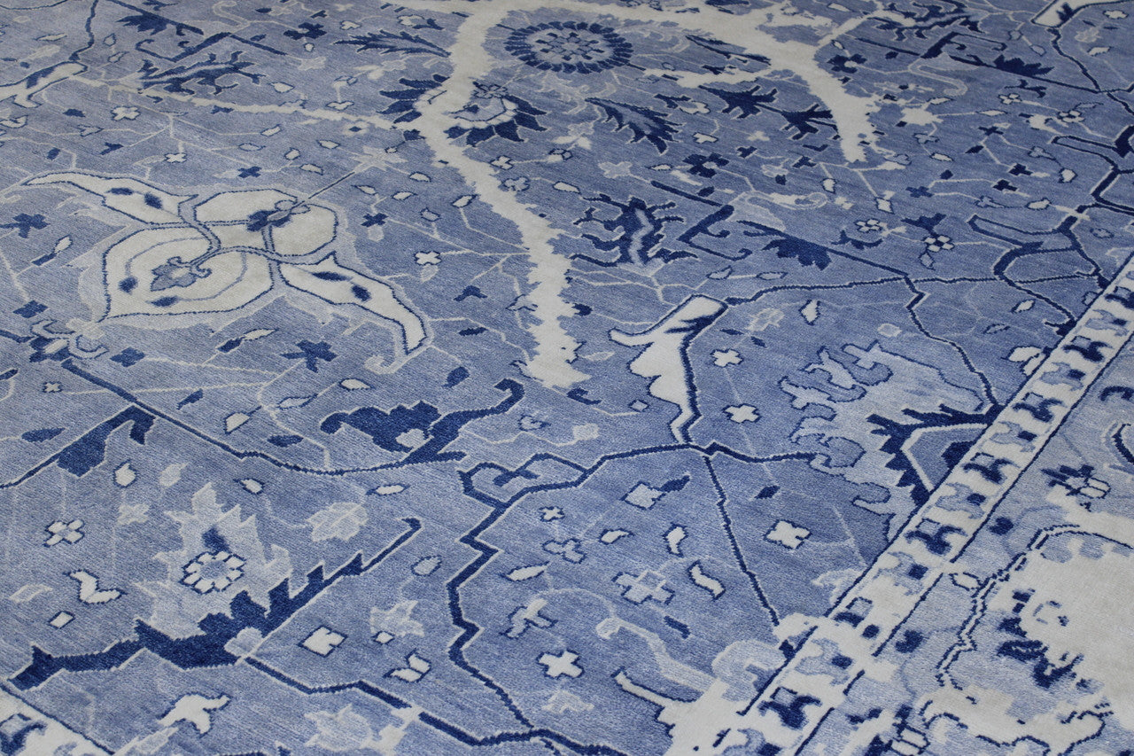 Back of Transitional Abstract Distress Design hand-knotted rug