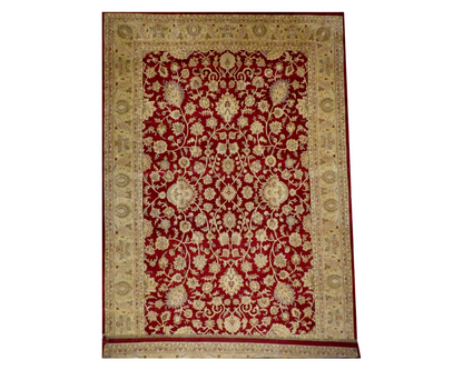 Agra Ziegler hand-knotted wool rug in gold and red, palatial size, full view