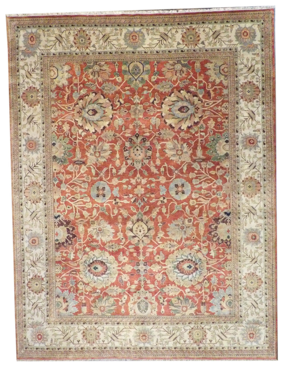 Fine Persian Sherapi hand-knotted wool rug in Beige & Rust, full view