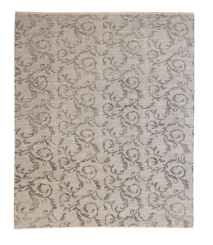 Transitional Floral Design hand-knotted wool rug in Green & Gray, full view