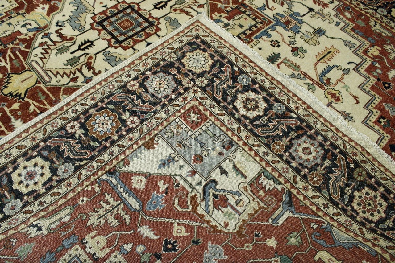 Tribal Fine Sherapi hand-knotted wool rug in Blue & Rust, full view