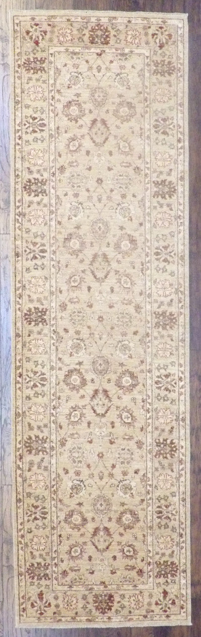 Oushak Chobi hand-knotted wool runner in gold and beige, full view