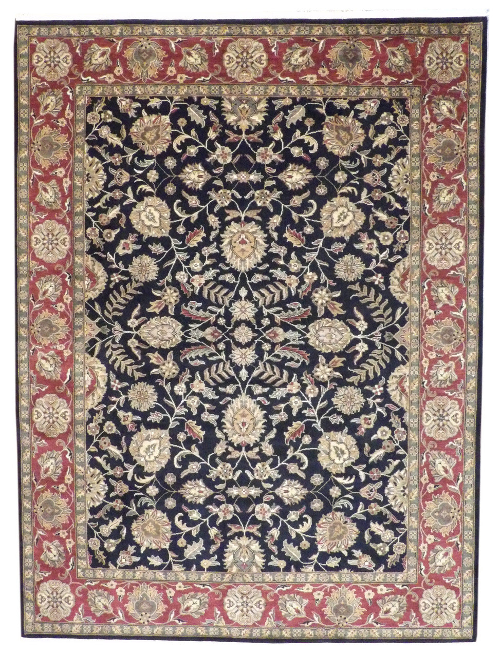 Jaipur Kashan hand-knotted wool rug in black and red, full view