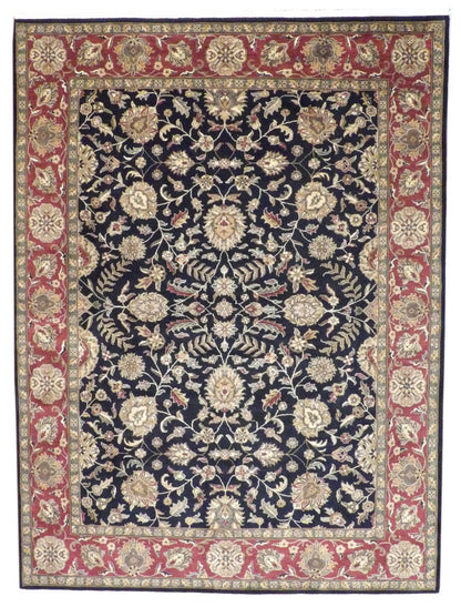 Jaipur Kashan hand-knotted wool rug in black and red, full view