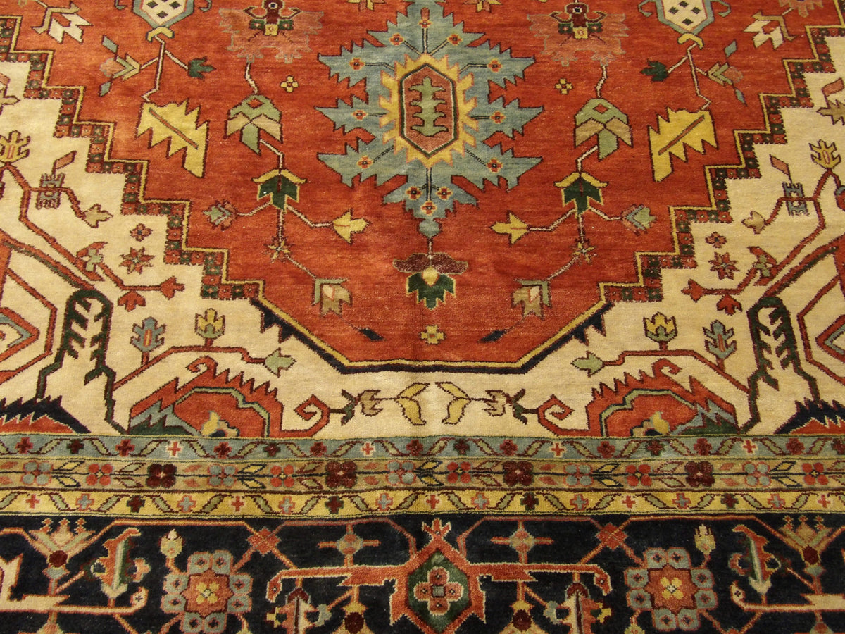 Tribal Sherapi rug border detail, blue and rust