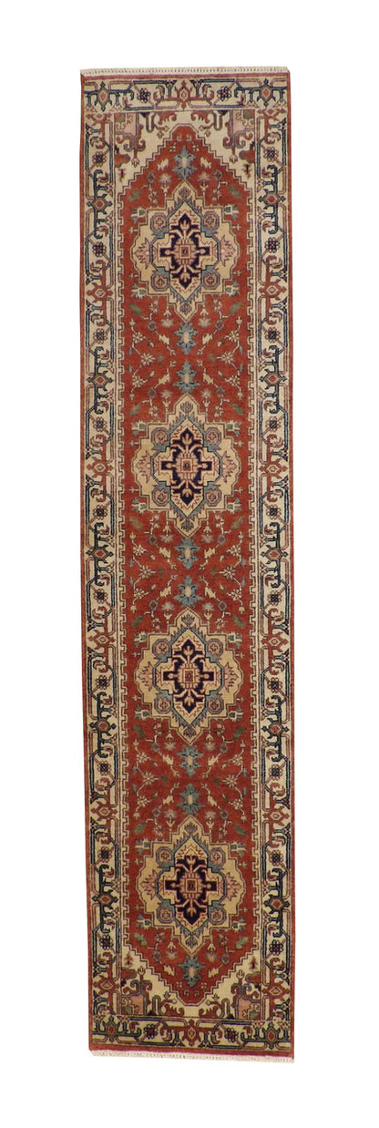 Tribal Heriz hand-knotted wool rug in Rust, full view