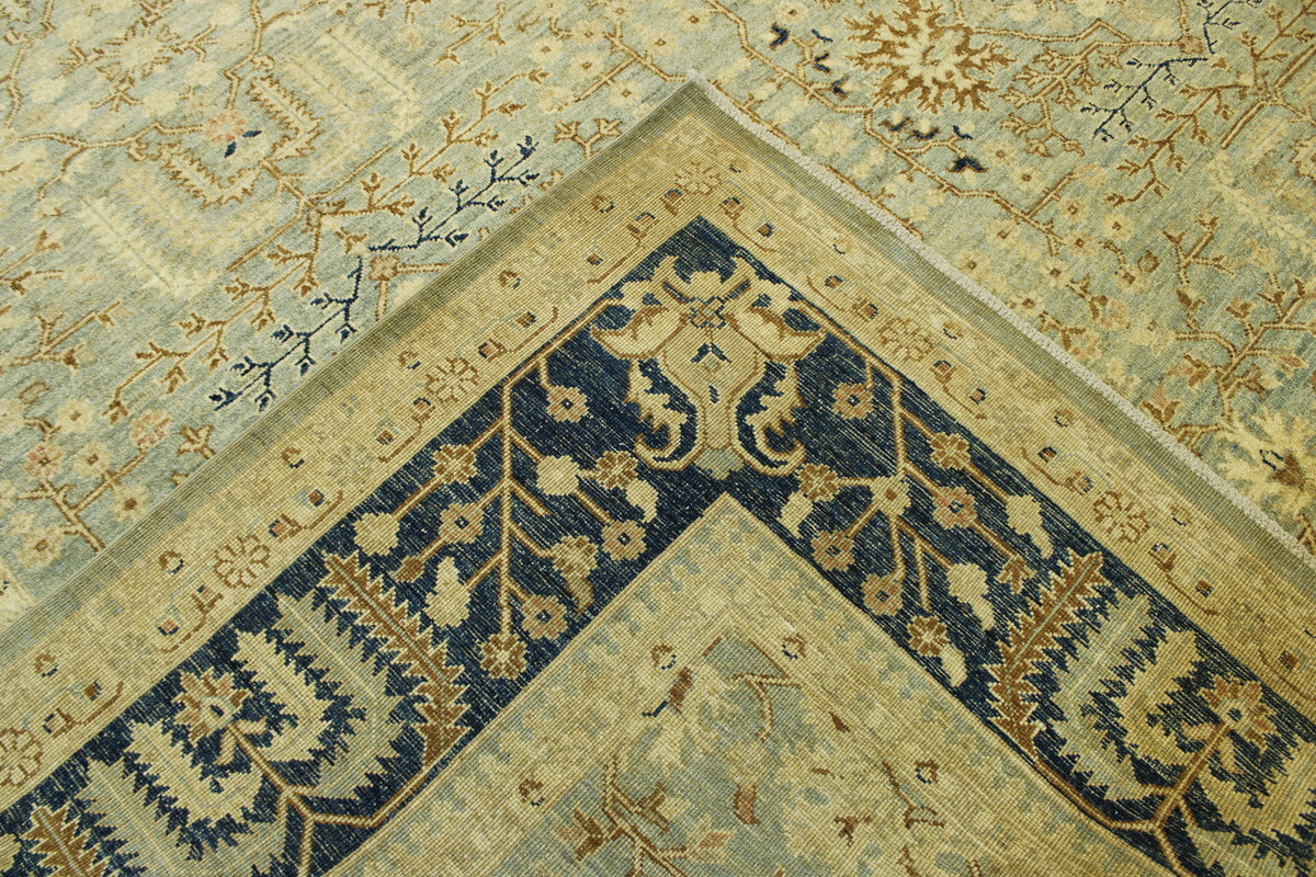 Tribal Vegetable Dye Khorzin hand-knotted wool rug in Blue & Green, full view