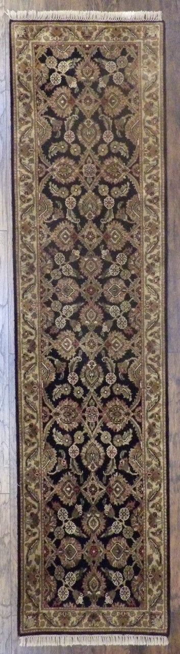 Jaipur Kashan hand-knotted wool runner in black and gold, full view