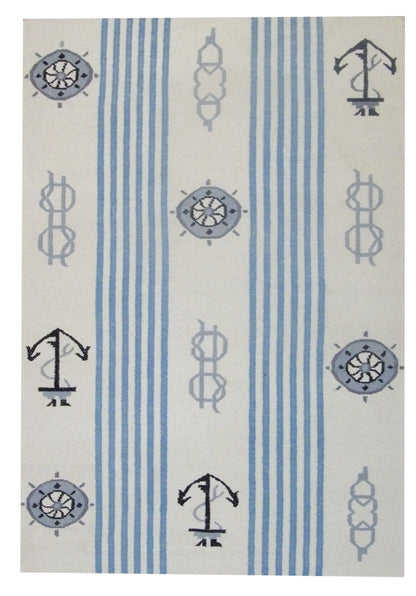 Coastal flat weave hand-knotted wool rug in blue and white, full view, 5x8