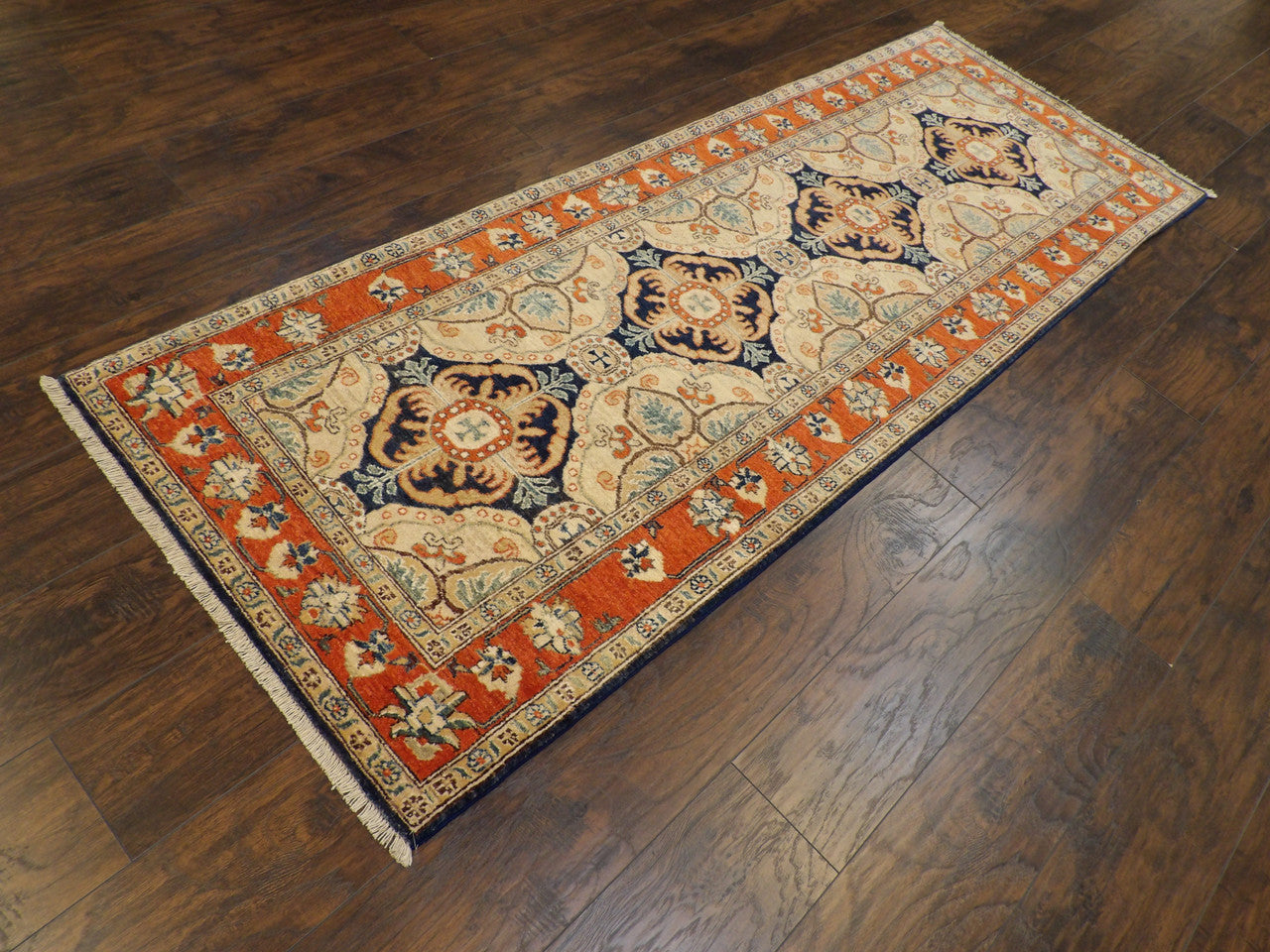 Super Kazak geometric pattern detail, blue and rust runner