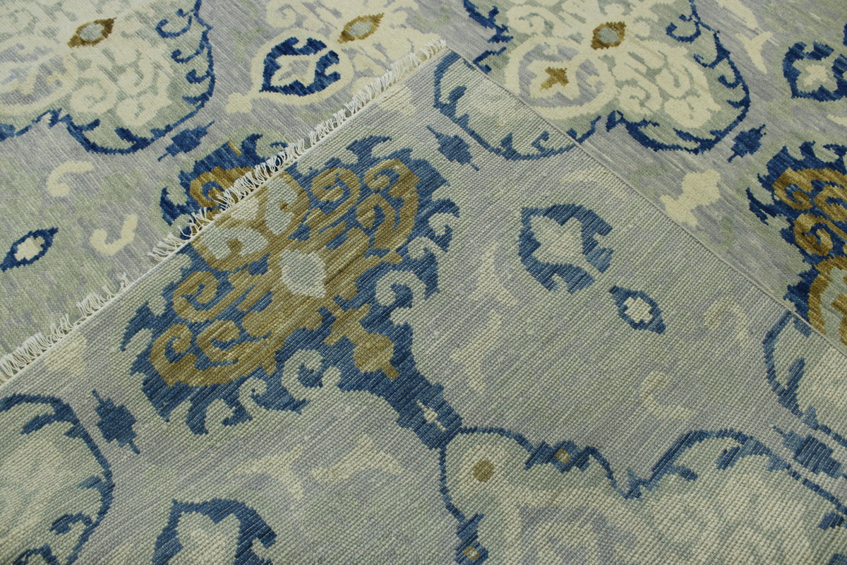 Transitional Ikat Design hand-knotted wool rug in Blue & Gray, full view